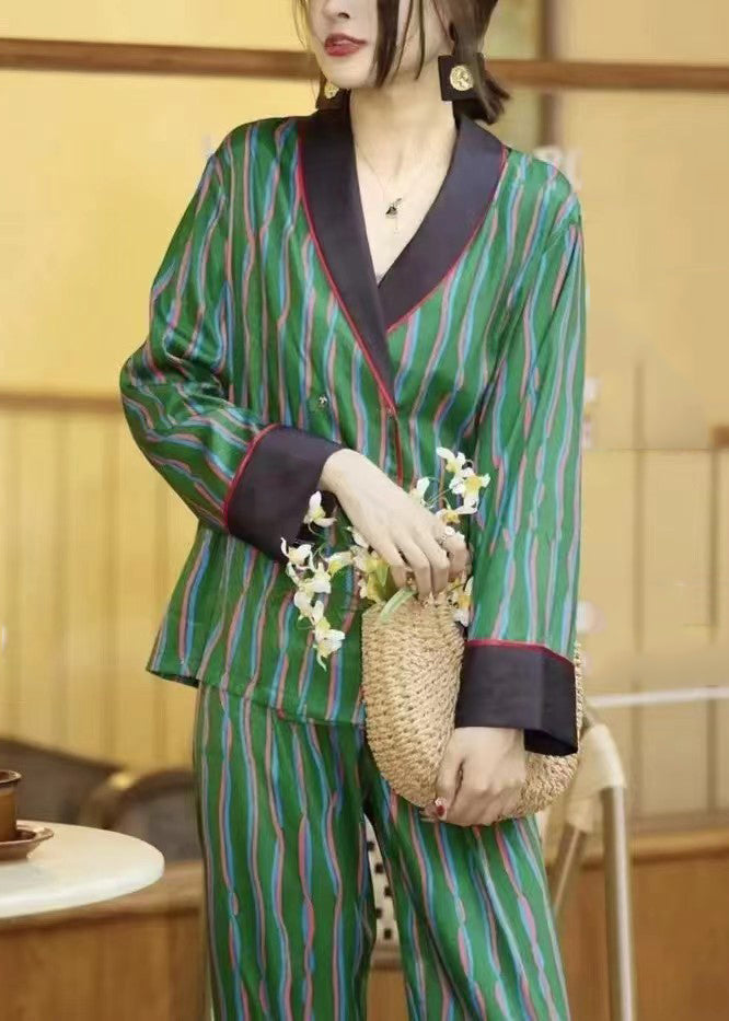 DIY Green Striped Peter Pan Collar Ice Silk Pajamas Two Piece Set Long Sleeve LY1883