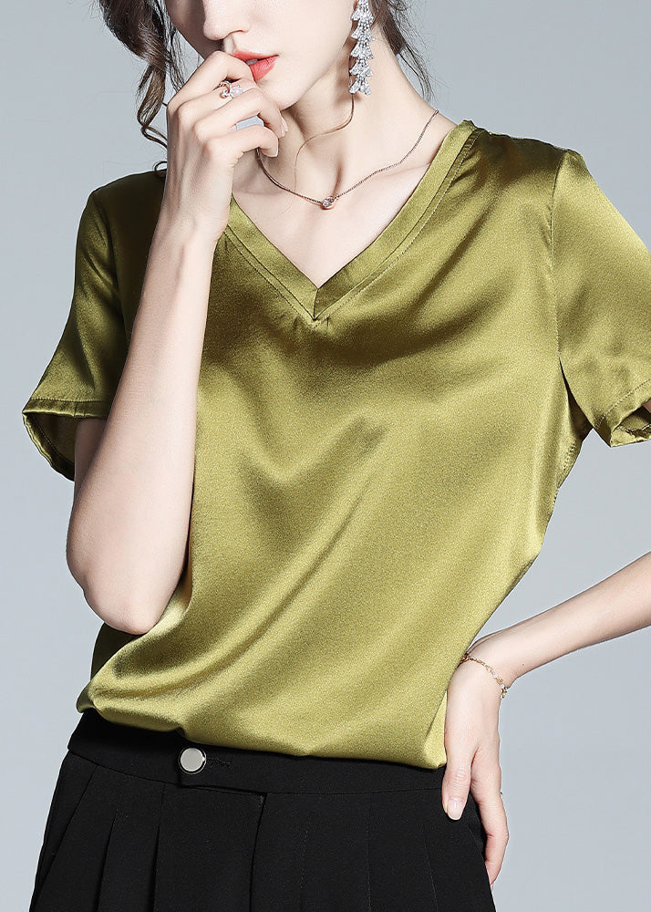 DIY Green V Neck Solid Silk Top Summer LY0999