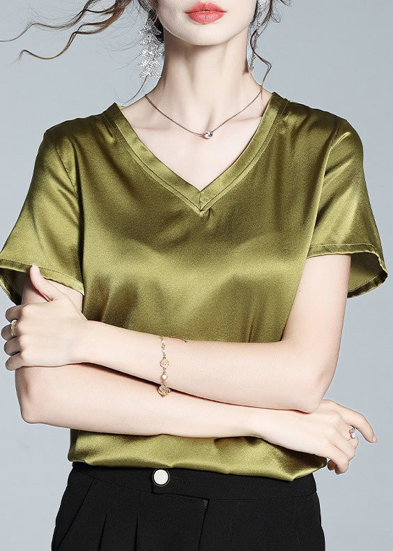 DIY Green V Neck Solid Silk Top Summer LY0999