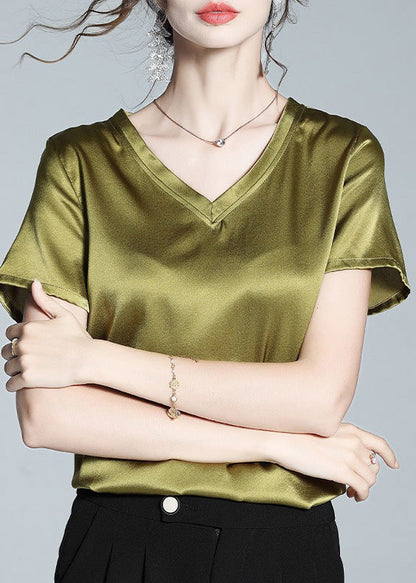 DIY Green V Neck Solid Silk Top Summer LY0999