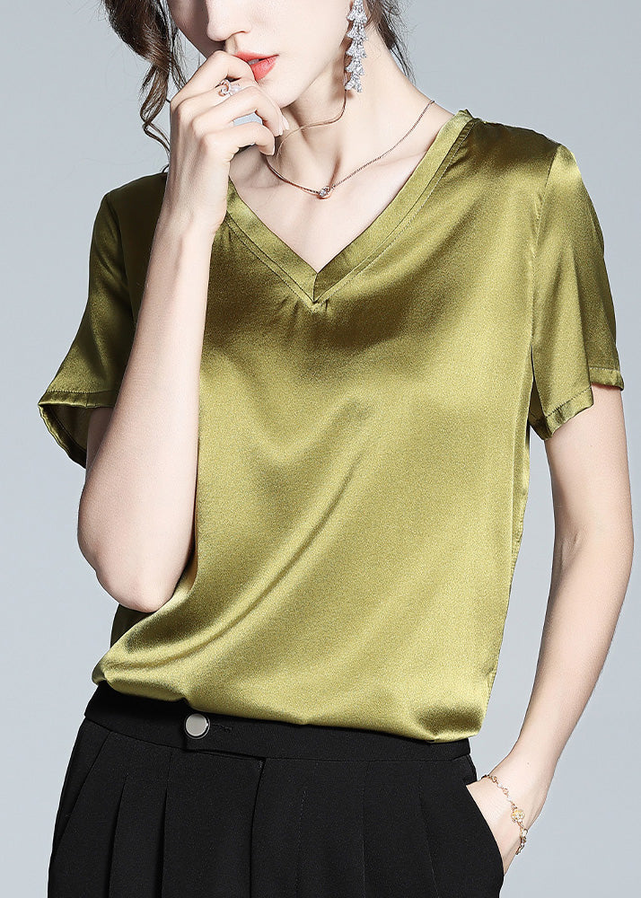 DIY Green V Neck Solid Silk Top Summer LY0999