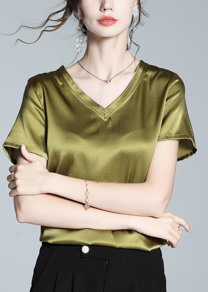 DIY Green V Neck Solid Silk Top Summer LY0999