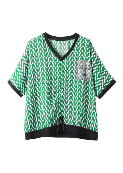 T-shirt rayé vert à col en V DIY été LY1550