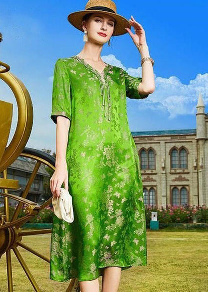 DIY Green V Neck Tasseled Print Patchwork Silk Dresses Summer LC0217