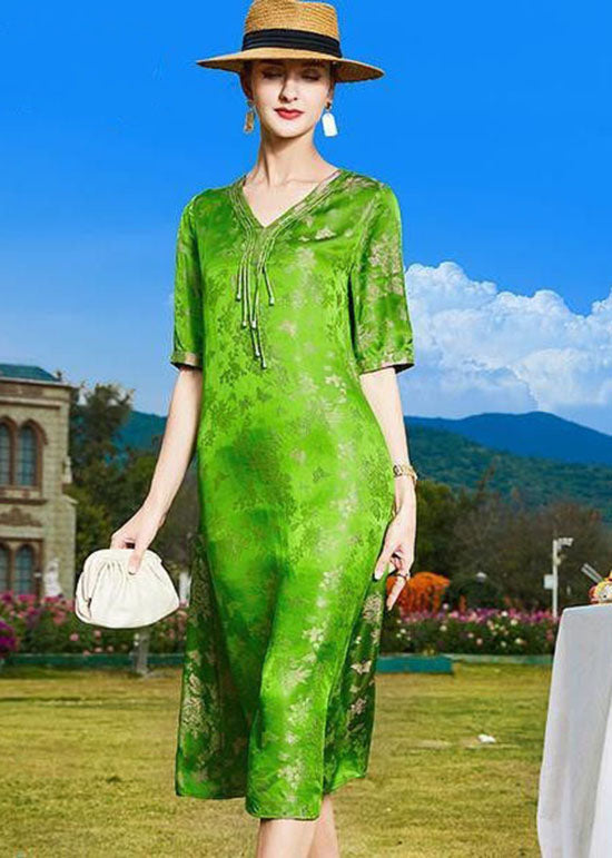 DIY Green V Neck Tasseled Print Patchwork Silk Dresses Summer LC0217