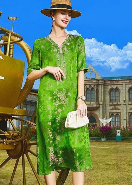 DIY Green V Neck Tasseled Print Patchwork Silk Dresses Summer LC0217