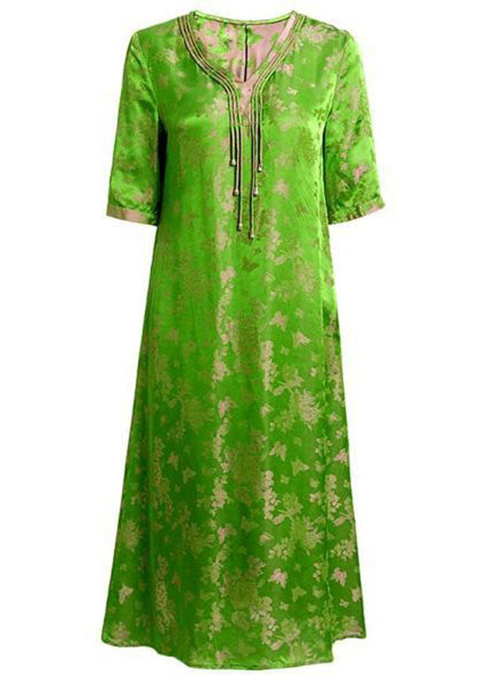 DIY Green V Neck Tasseled Print Patchwork Silk Dresses Summer LC0217