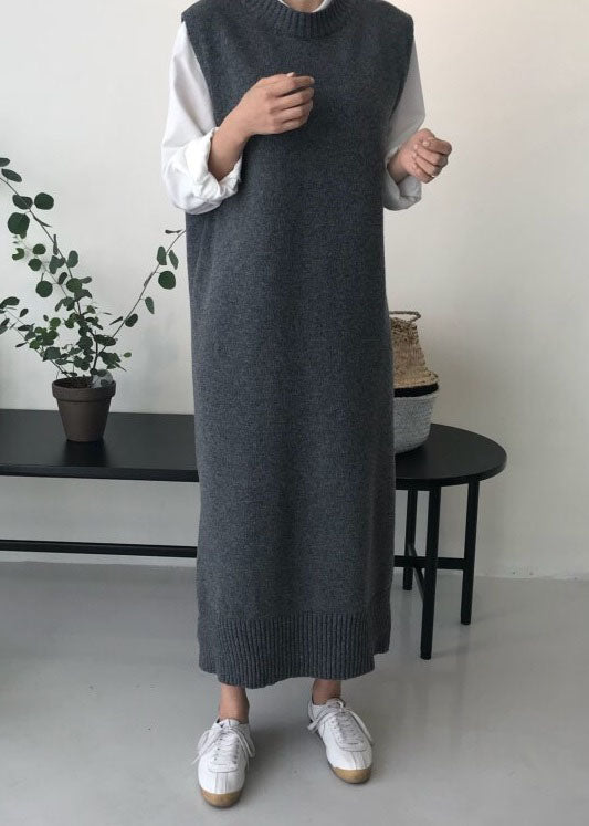 DIY Grey O Neck Patchwork Knit Vest Dress Sleeveless LY1338