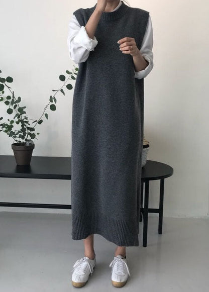 DIY Grey O Neck Patchwork Knit Vest Dress Sleeveless LY1338