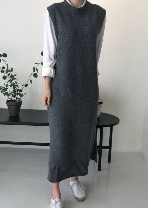 DIY Grey O Neck Patchwork Knit Vest Dress Sleeveless LY1338