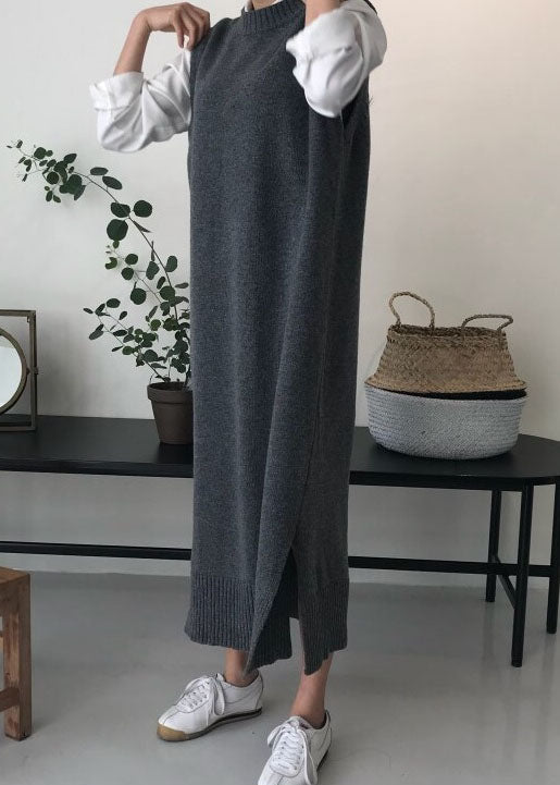 DIY Grey O Neck Patchwork Knit Vest Dress Sleeveless LY1338