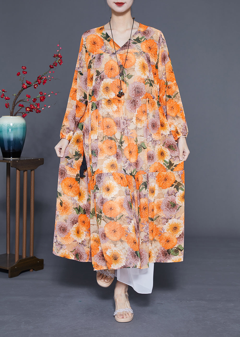 DIY Orange V Neck Cinched Print Chiffon Holiday Dress Spring LY1075