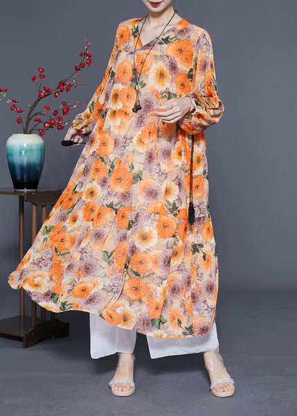 DIY Orange V Neck Cinched Print Chiffon Holiday Dress Spring LC0419