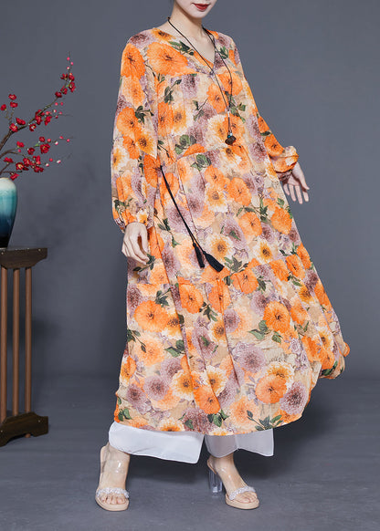 DIY Orange V Neck Cinched Print Chiffon Holiday Dress Spring LY1075