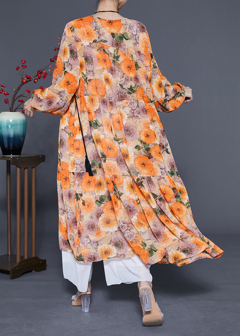 DIY Orange V Neck Cinched Print Chiffon Holiday Dress Spring LY1075