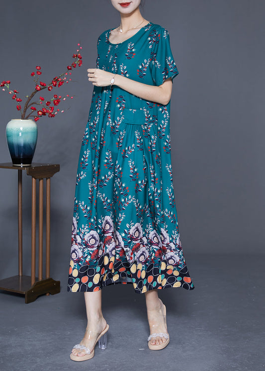 DIY Peacock Green Oversized Print Wrinkled Silk Maxi Dress Summer LY1824