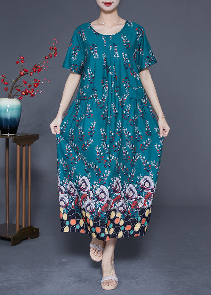 DIY Peacock Green Oversized Print Wrinkled Silk Maxi Dress Summer LY1824