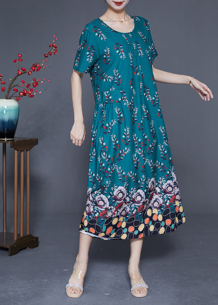 DIY Peacock Green Oversized Print Wrinkled Silk Maxi Dress Summer LY1824