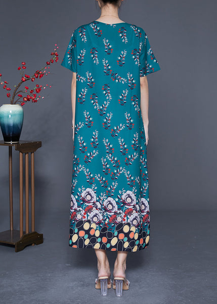 DIY Peacock Green Oversized Print Wrinkled Silk Maxi Dress Summer LY1824