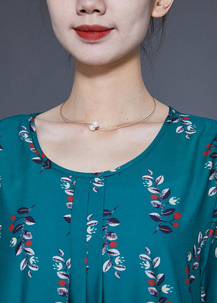 DIY Peacock Green Oversized Print Wrinkled Silk Maxi Dress Summer LY1824