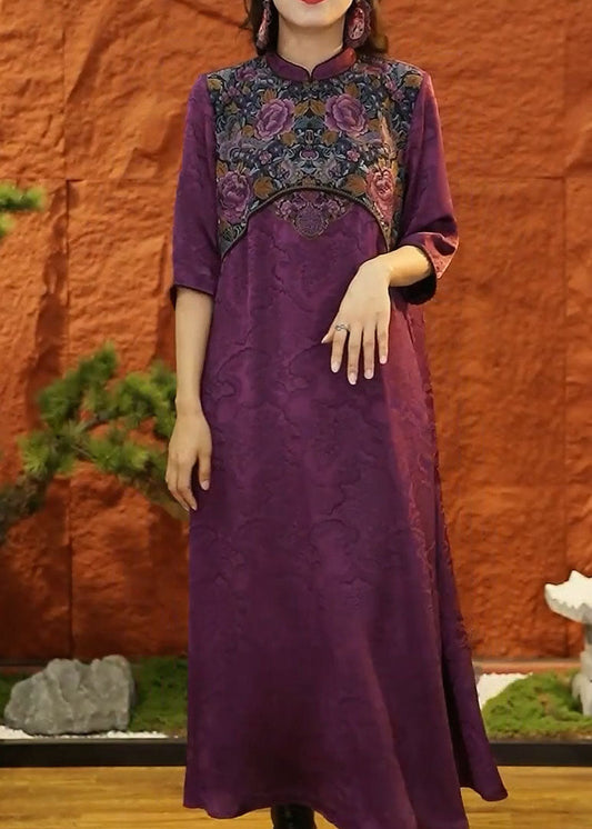 DIY Purple Mandarin Collar Patchwork Jacquard Silk Dresses Half Sleeve LC0201