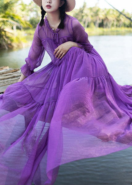 DIY Purple O-Neck Neck Tie Patchwork Chiffon Long Holiday Dresses Spring LY1733