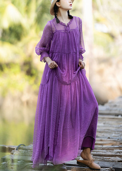 DIY Purple O-Neck Neck Tie Patchwork Chiffon Long Holiday Dresses Spring LY1733