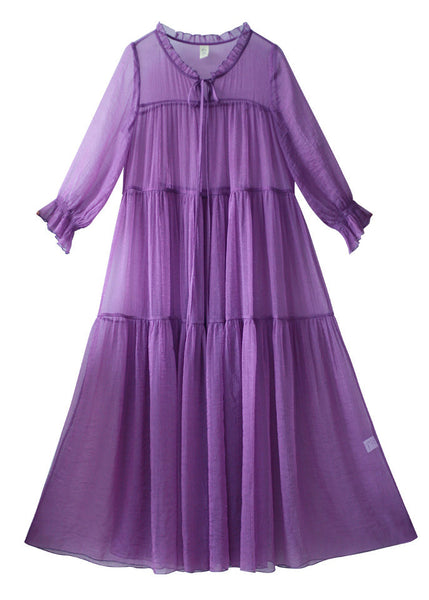 DIY Purple O-Neck Neck Tie Patchwork Chiffon Long Holiday Dresses Spring LY1733