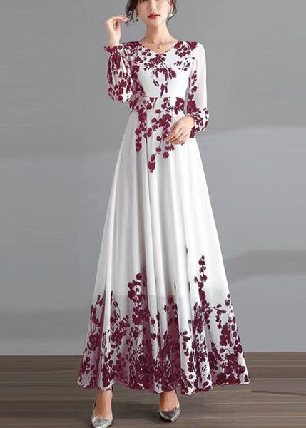 DIY Red O-Neck Print Tunic Chiffon Holiday Long Dresses Long Sleeve LY1737