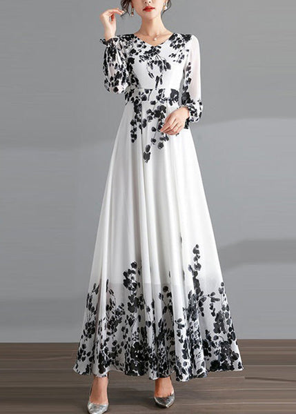 DIY Red O-Neck Print Tunic Chiffon Holiday Long Dresses Long Sleeve LY1737