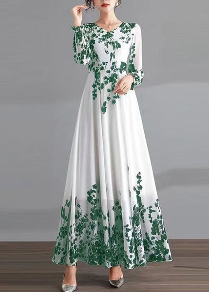 DIY Red O-Neck Print Tunic Chiffon Holiday Long Dresses Long Sleeve LY1737