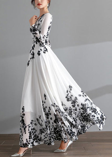 DIY Red O-Neck Print Tunic Chiffon Holiday Long Dresses Long Sleeve LY1737