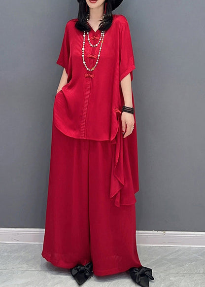 DIY Red V Neck Asymmetrical Solid Shirts And Wide Leg Pants Two Piece Set Spring