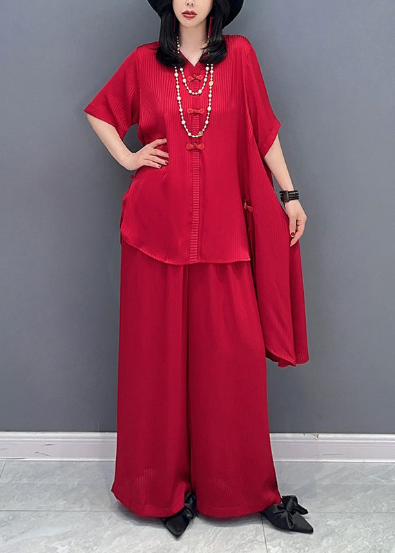 DIY Red V Neck Asymmetrical Solid Shirts And Wide Leg Pants Two Piece Set Spring LC0311