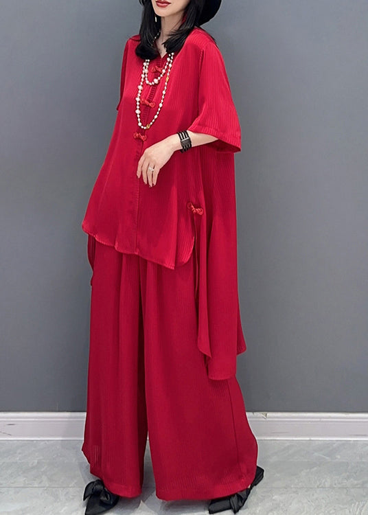 DIY Red V Neck Asymmetrical Solid Shirts And Wide Leg Pants Two Piece Set Spring LC0311