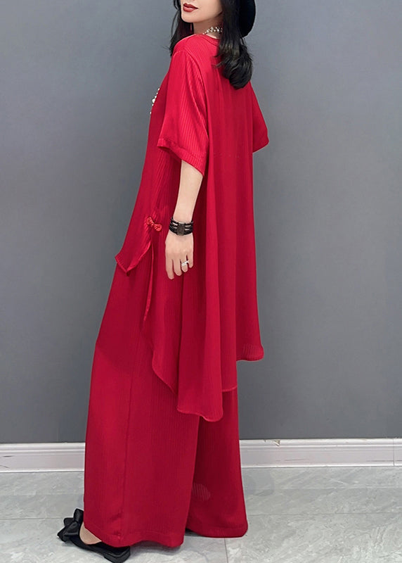 DIY Red V Neck Asymmetrical Solid Shirts And Wide Leg Pants Two Piece Set Spring LC0311