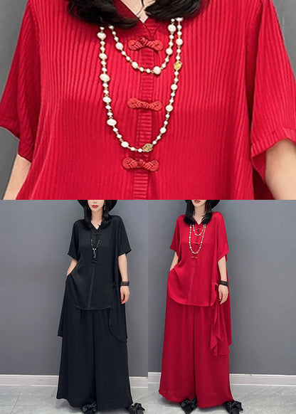 DIY Red V Neck Asymmetrical Solid Shirts And Wide Leg Pants Two Piece Set Spring LC0311