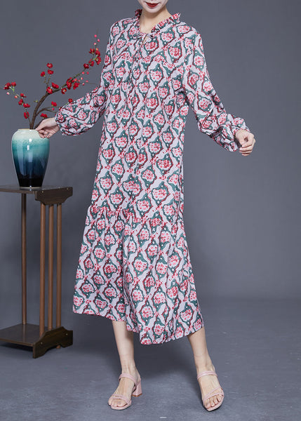 DIY Ruffled Lace Up Print Silk Long Dress Spring LY1813