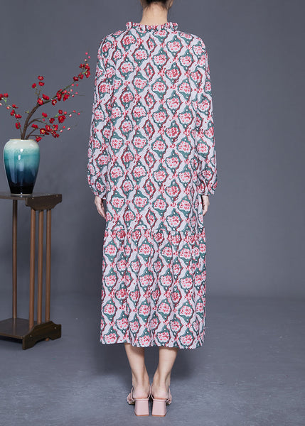 DIY Ruffled Lace Up Print Silk Long Dress Spring LY1813