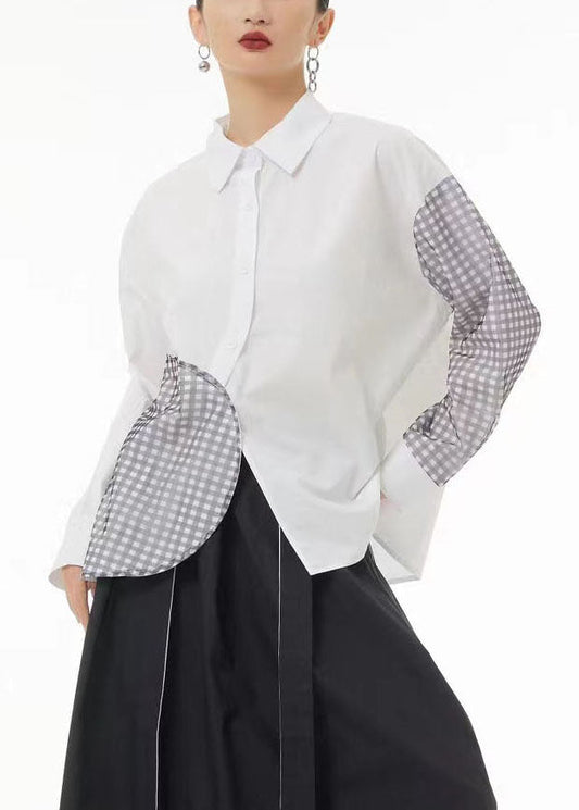 DIY White Asymmetrical Patchwork Plaid Cotton Shirt Summer LC0164