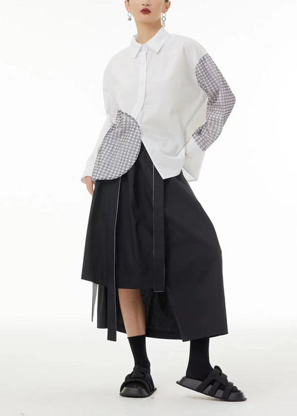 Chemise d'été asymétrique blanche à carreaux patchwork en coton à faire soi-même LC0164