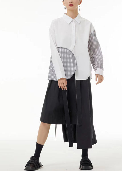 Chemise d'été asymétrique blanche à carreaux patchwork en coton à faire soi-même LC0164