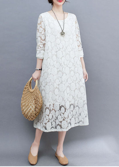 DIY White O-Neck Lace Long Dresses Long Sleeve AC2002