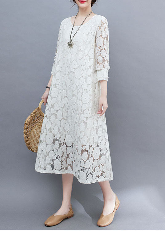 DIY White O-Neck Lace Long Dresses Long Sleeve AC2002