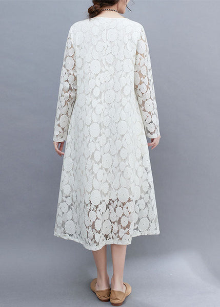 DIY White O-Neck Lace Long Dresses Long Sleeve AC2002