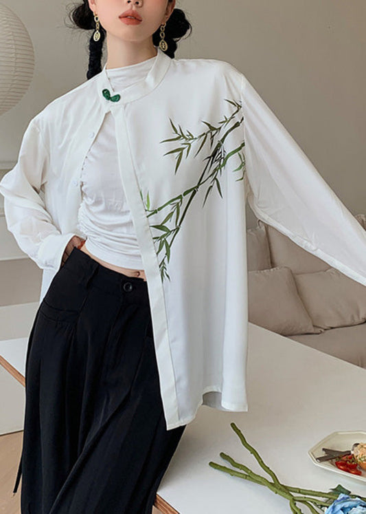DIY White O-Neck Print Button Silk Shirts Spring LY0746