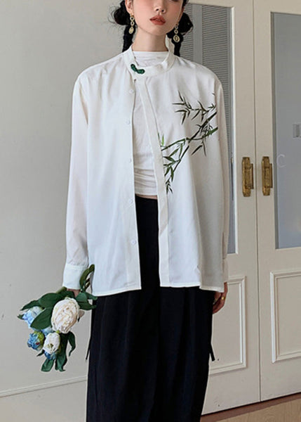 DIY White O-Neck Print Button Silk Shirts Spring LY0746