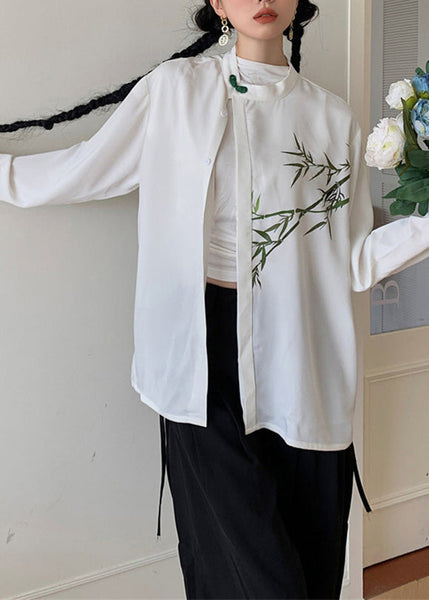 DIY White O-Neck Print Button Silk Shirts Spring LY0746