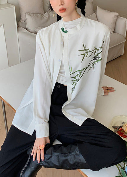 DIY White O-Neck Print Button Silk Shirts Spring LY0746