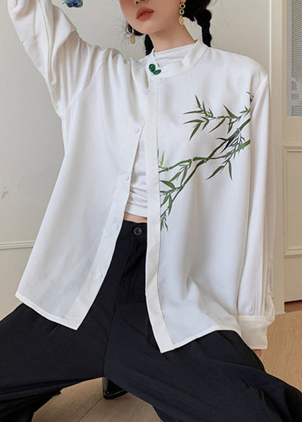 DIY White O-Neck Print Button Silk Shirts Spring LY0746